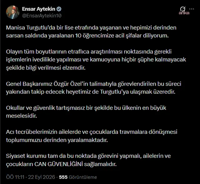 Manisa’da okul önünde silahlı saldırı... Ensar Aytekin: “Siyaset kurumu ailelerin ve çocukların can güvenliğini sağlamalıdır” — fotoğraf 2