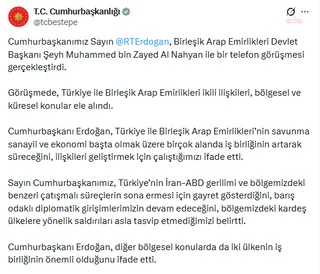 Cumhurbaşkanı Erdoğan, BAE Devlet Başkanı Al Nahyan ile telefonda görüştü — fotoğraf 2
