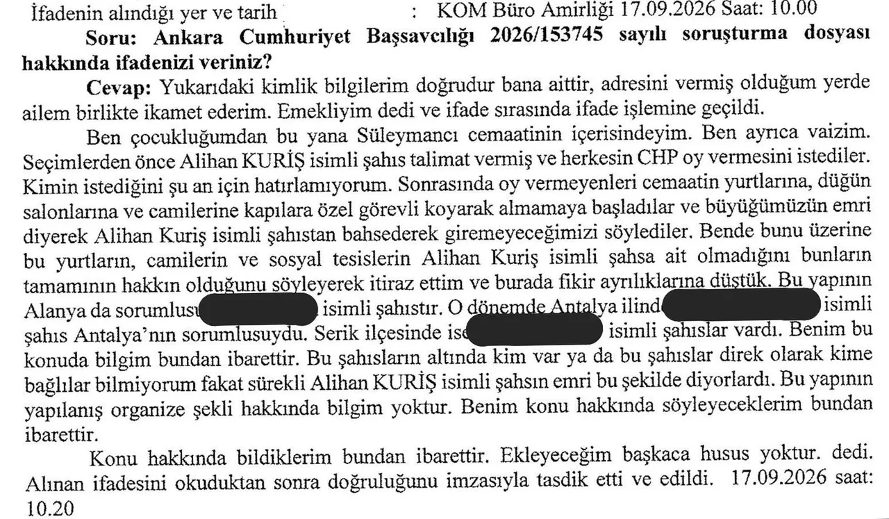 ALİHAN KURİŞ SUÇ ÖRGÜTÜ YÖNETİCİLERİNİN SEÇİM DÖNEMLERİNDE CHP'YE OY VERİLMESİ YÖNÜNDE TELKİNLERDE BULUNDUĞU, OY VERMEYENLERİN İSE ÖĞRENCİ YURTLARINA, CAMİLERE, SOSYAL TESİSLERE VE HATİM GRUPLARINA ALINMADIĞINI İDDİA EDİLDİ.