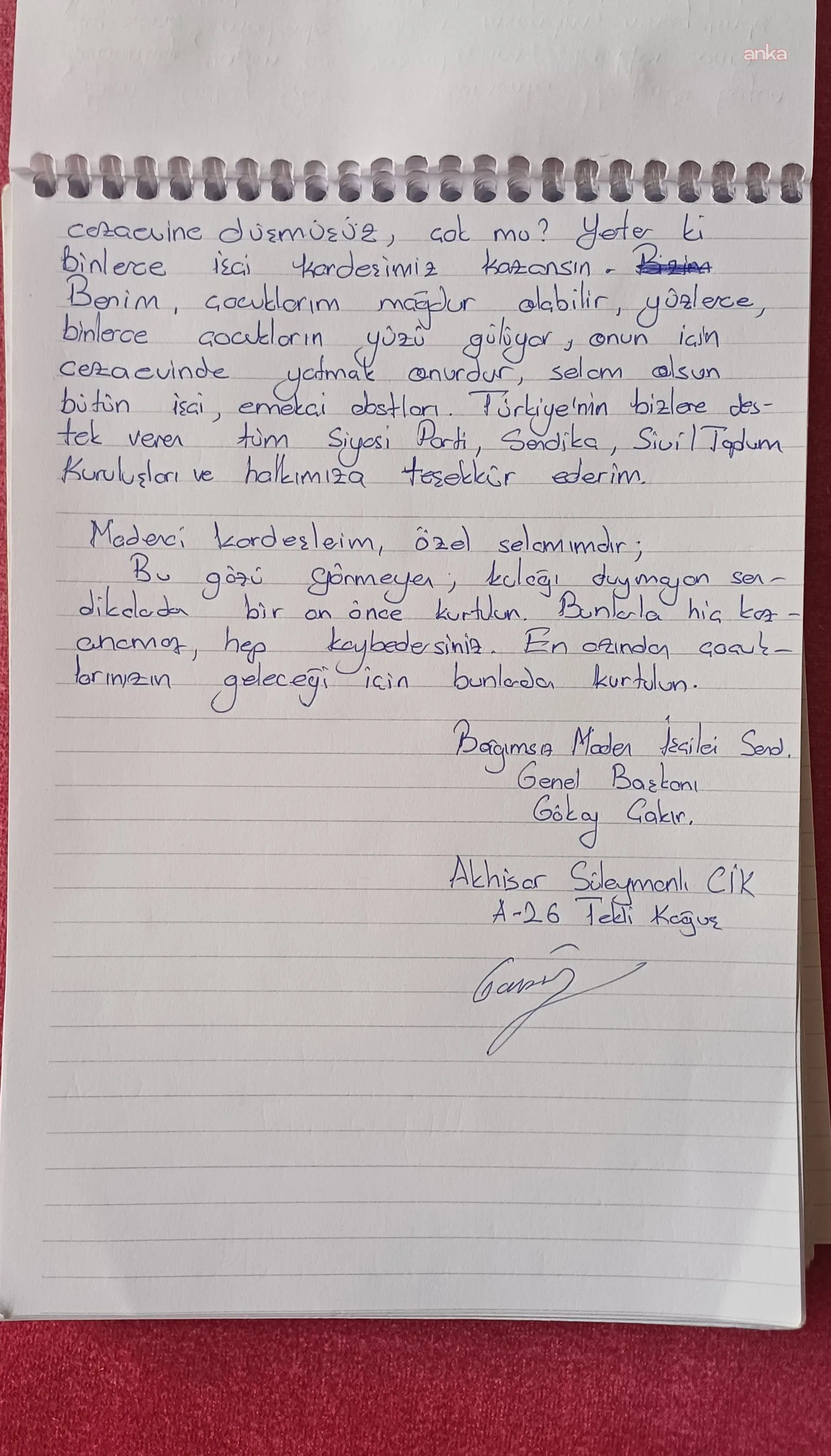 Tutuklu Gökay Çakır'dan madencilere sendika çağrısı — fotoğraf 3