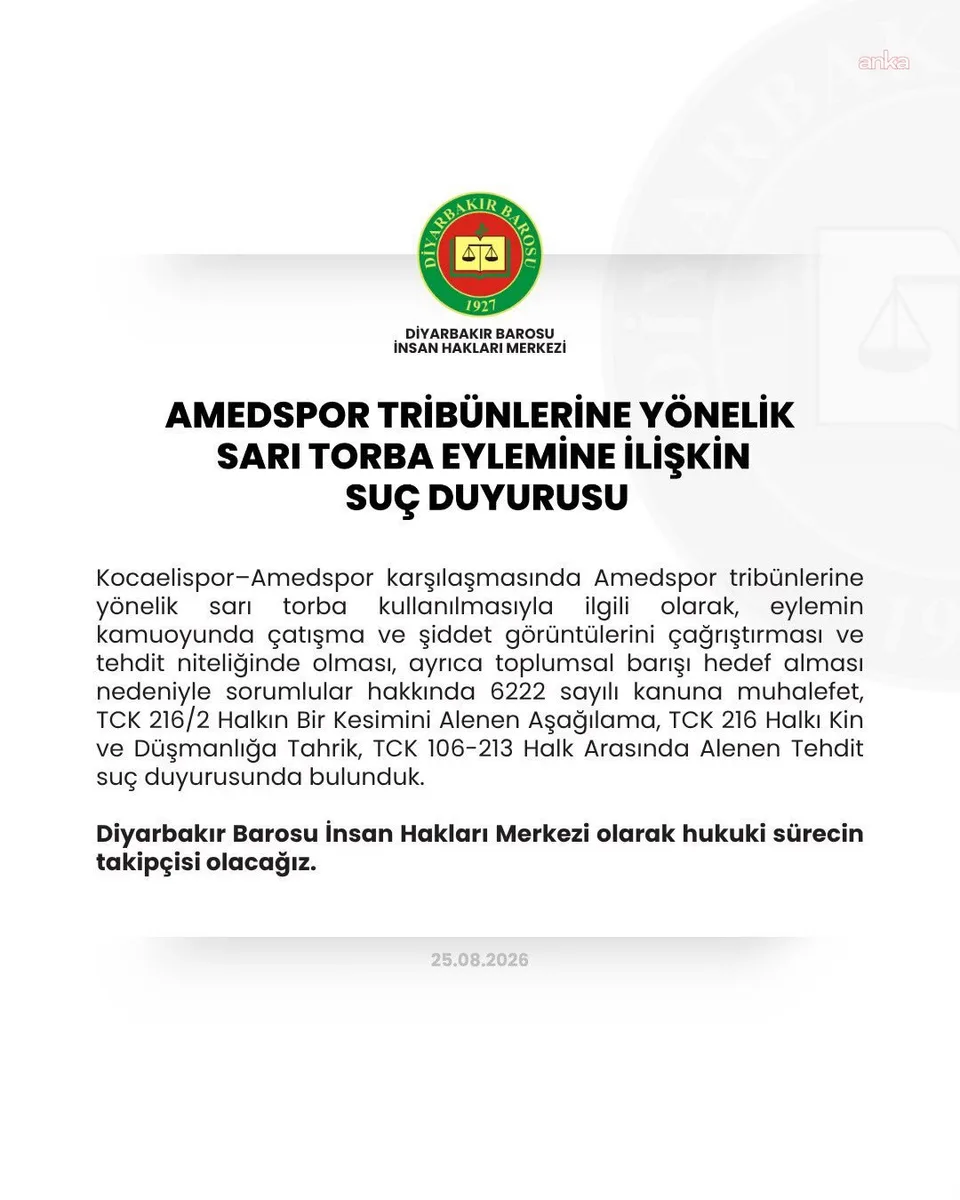 Diyarbakır Barosu'ndan Amedspor tribünlerine yönelik “sarı torba” eylemine suç duyurusu — fotoğraf 2